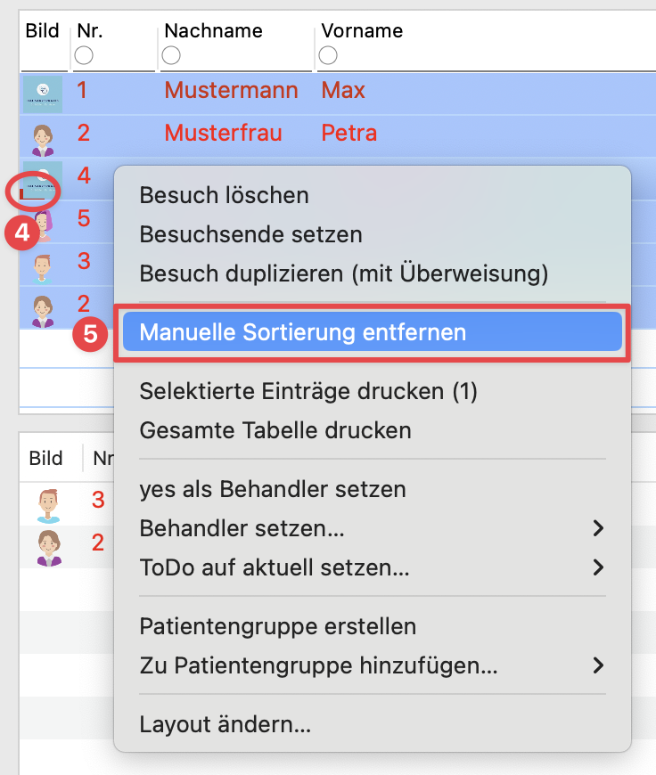 tagesliste manuelle sortierung entfernen