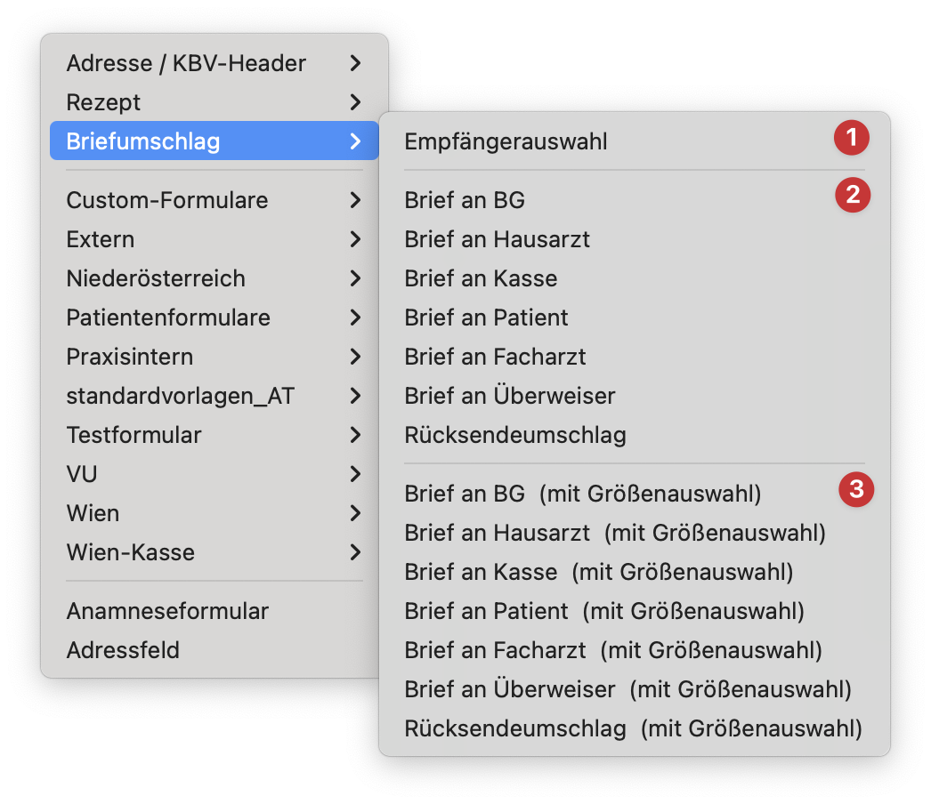 tomedo handbuch briefschreibung Briefumschlag Menue