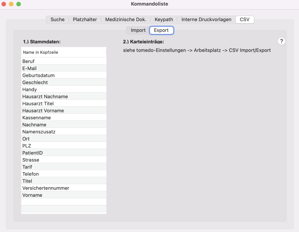 tomedo handbuch import export csv kommandoliste export oesterreich