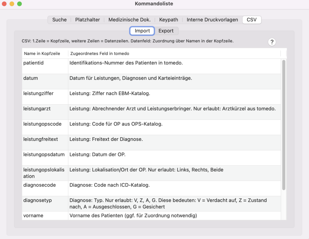 tomedo handbuch import export csv kommandoliste oesterreich