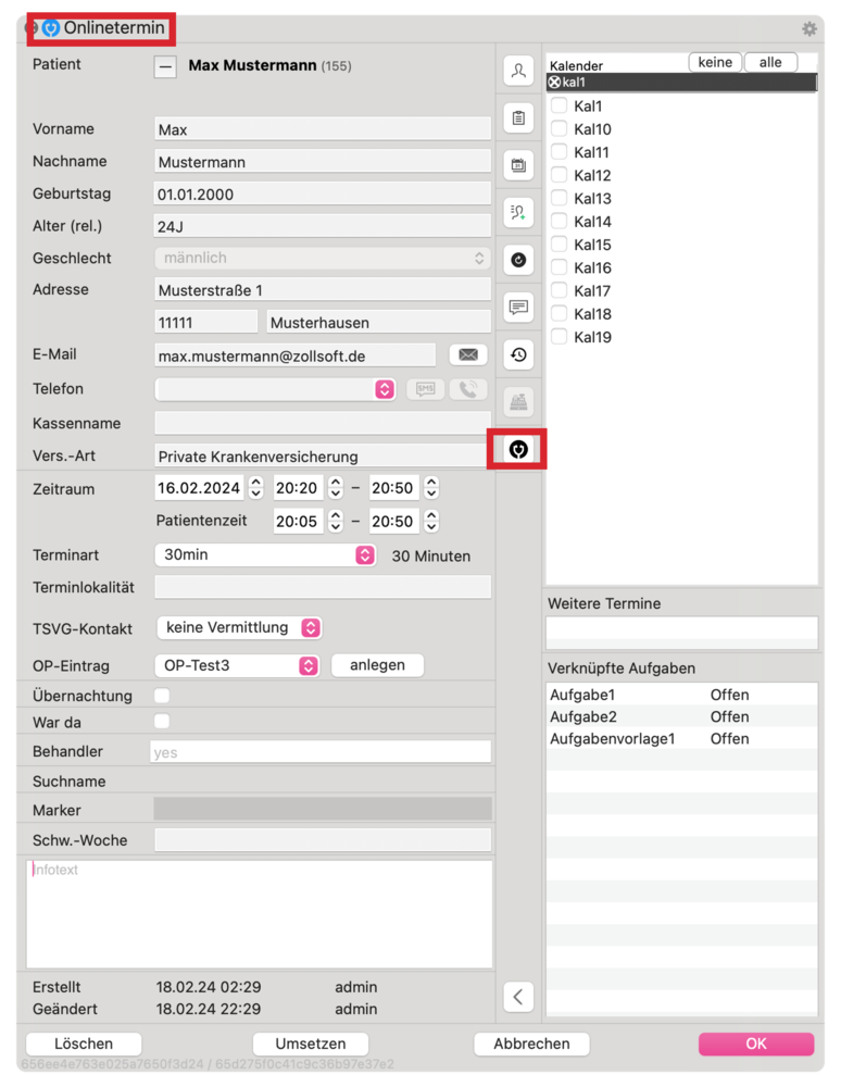 tomedo handbuch kalender termindetails popover onlinetermine