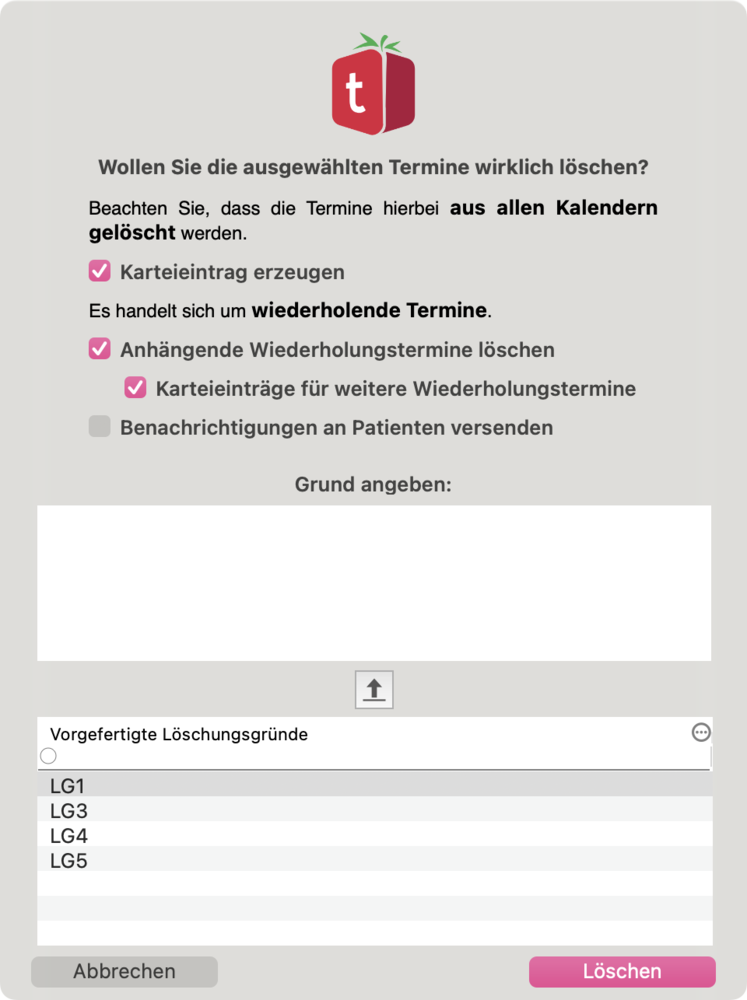 tomedo handbuch kalender termine wiederholung loeschdialog mit folgeterminen und karteieintrag