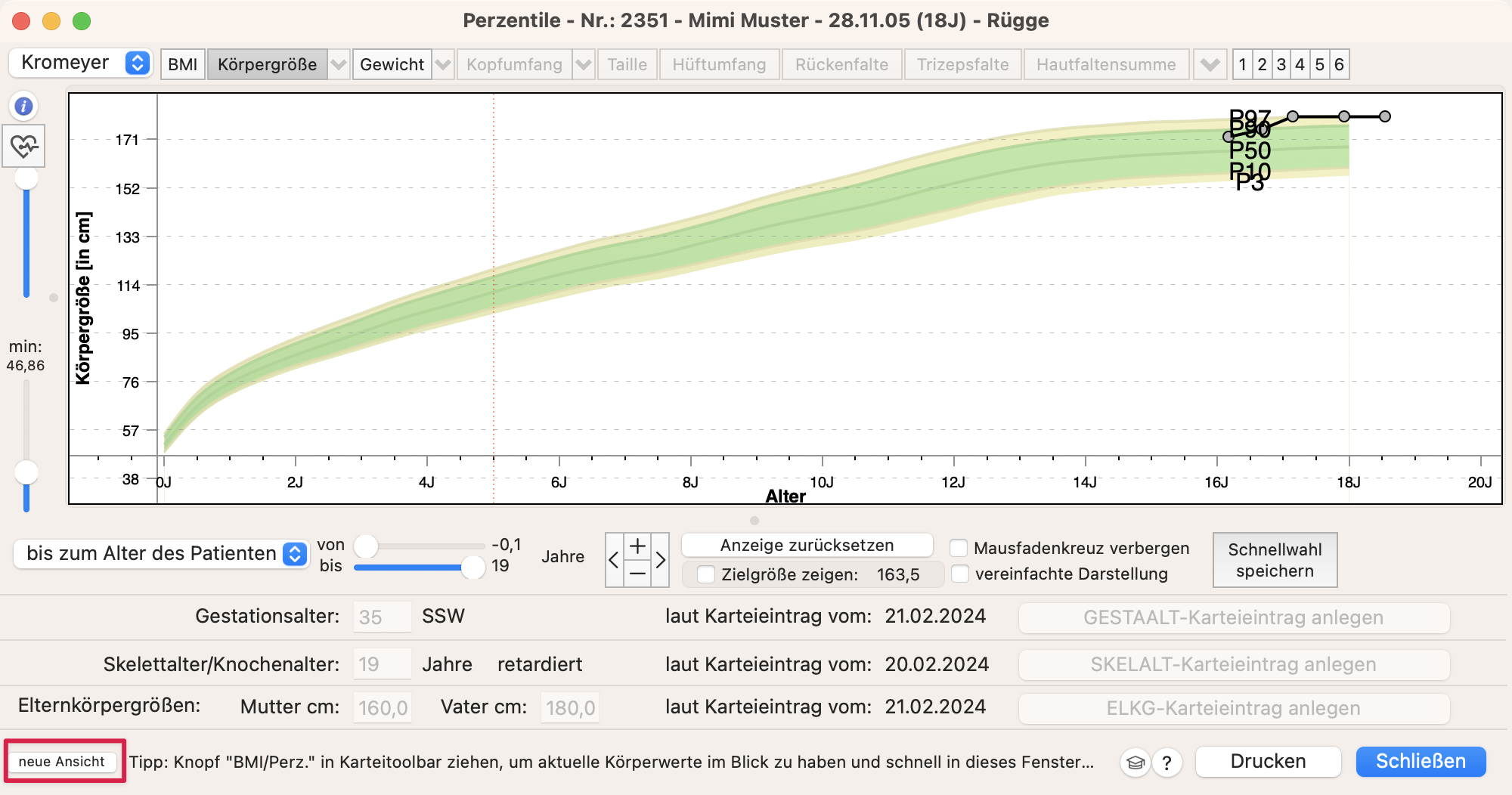 tomedo handbuch karteieintraege bmi perzentile neue ansicht button