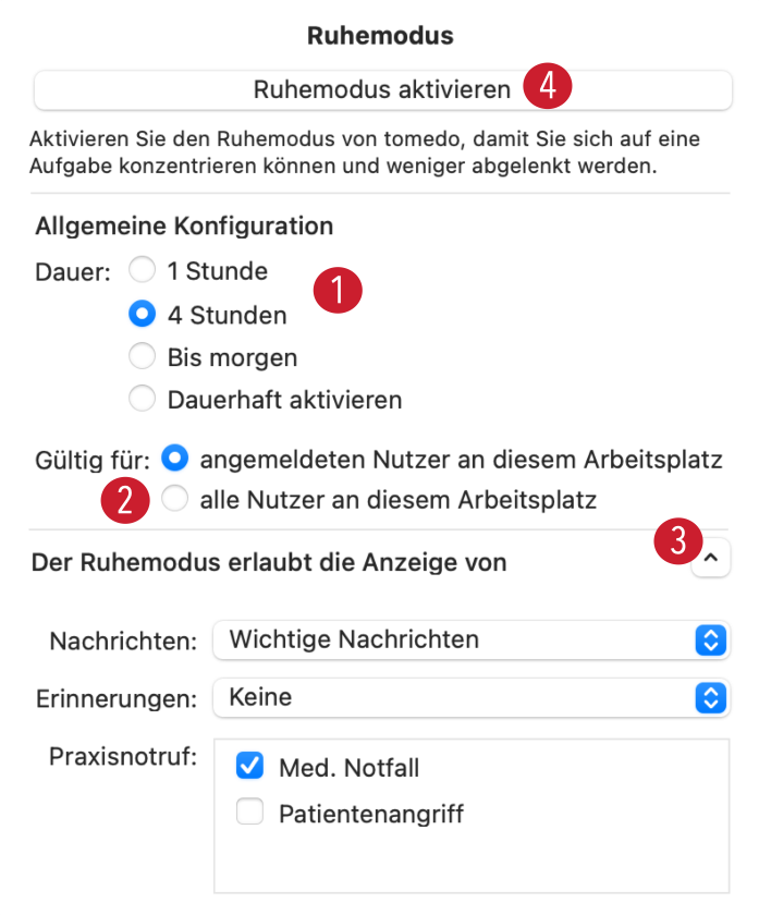 tomedo handbuch nachrichten erinnerungen ruhemodus aktivieren