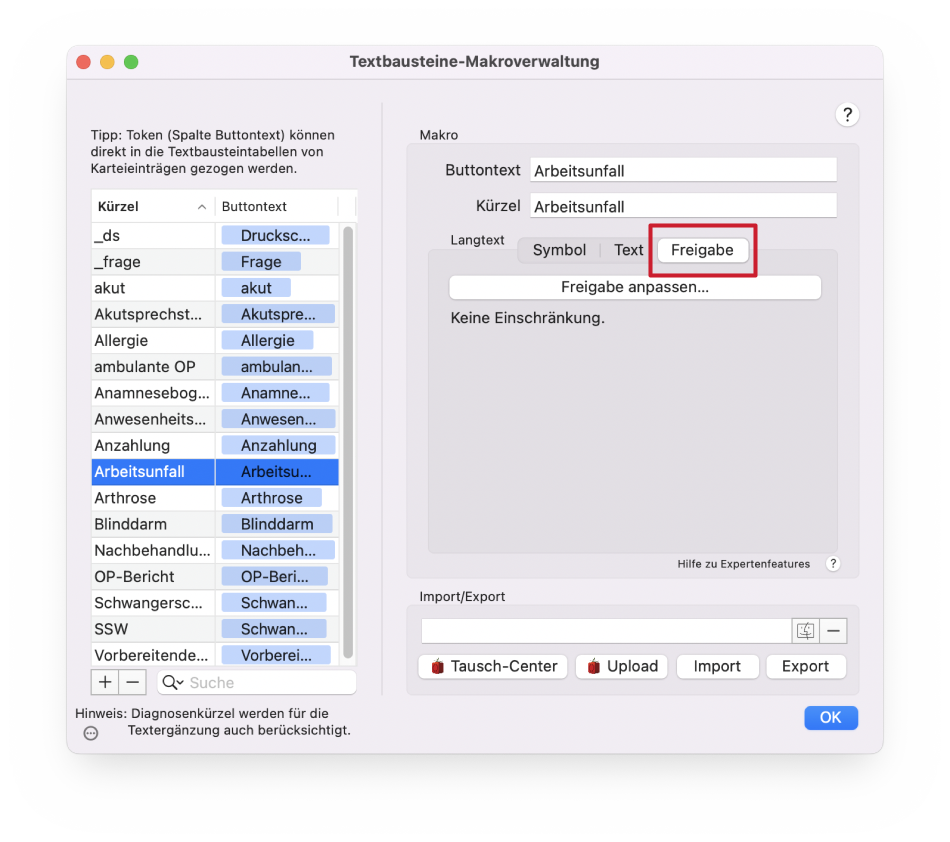 tomedo handbuch textmarker freigabe uebersicht