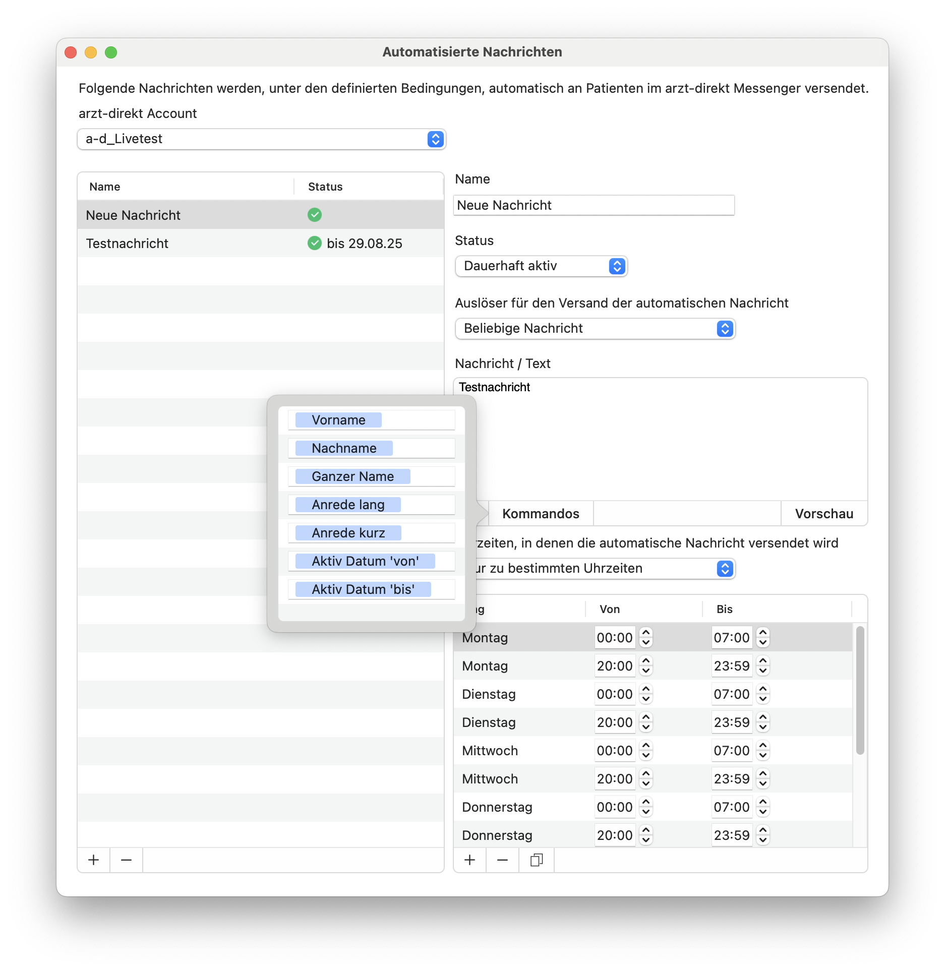 tomedo changelog 159 ad messenger autmatische nachrichten konfiguration 20250828 085658